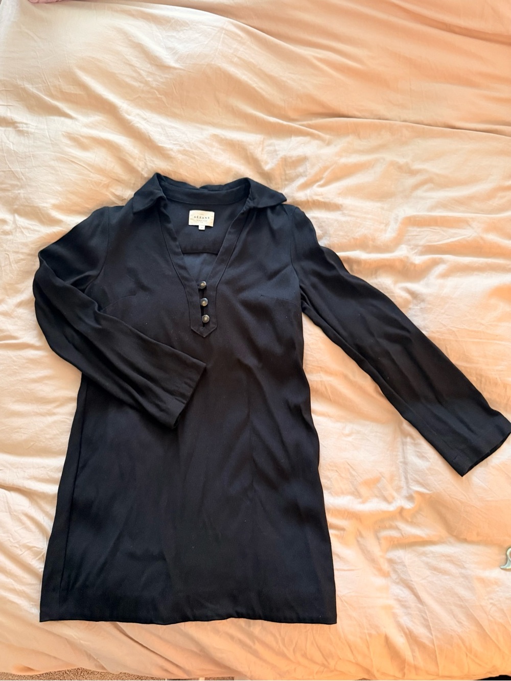 Sezane Black Long-Sleeve V-Neck Tunic Dress